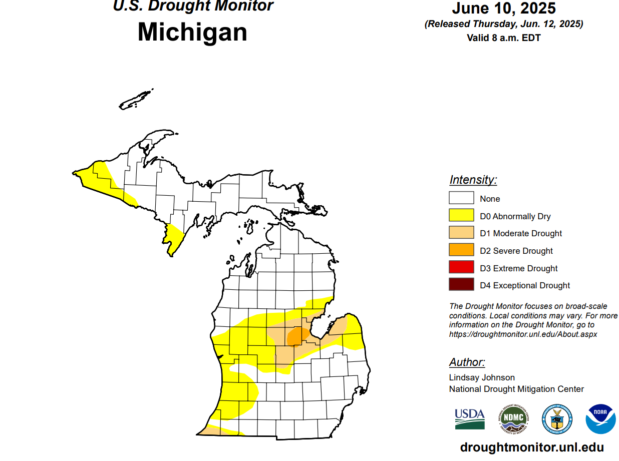U.S. Drought Monitor showing regions in Michigan with different severity's of drought.
